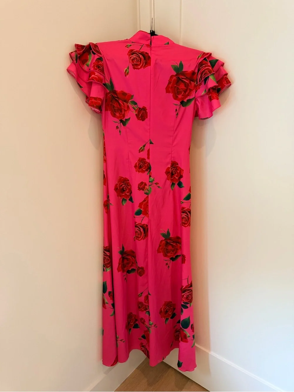 Pink Floral Maxi Dress with Mandarin Neck